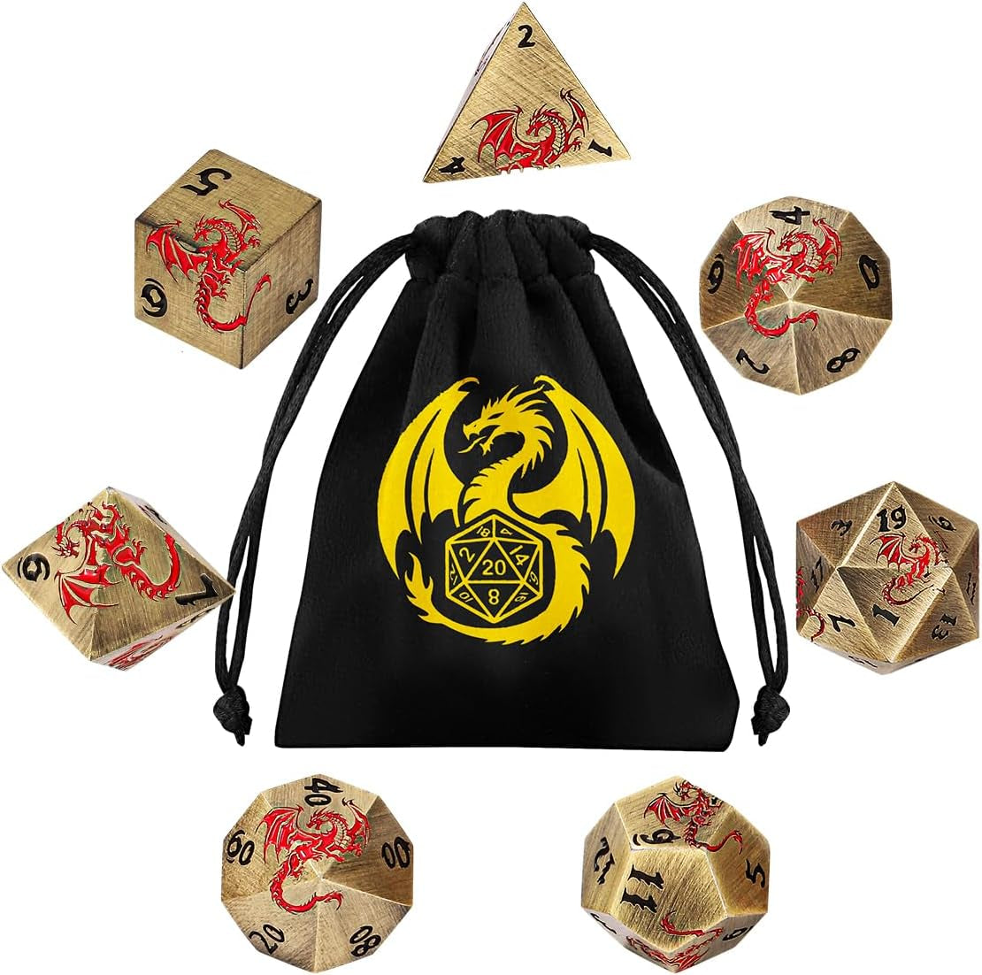 Vintage Bronze D&D Dice Set: 7-Piece Metal Polyhedral Collection with Dragon Bag - Perfect Gift for Gamers and RPG Enthusiasts!
