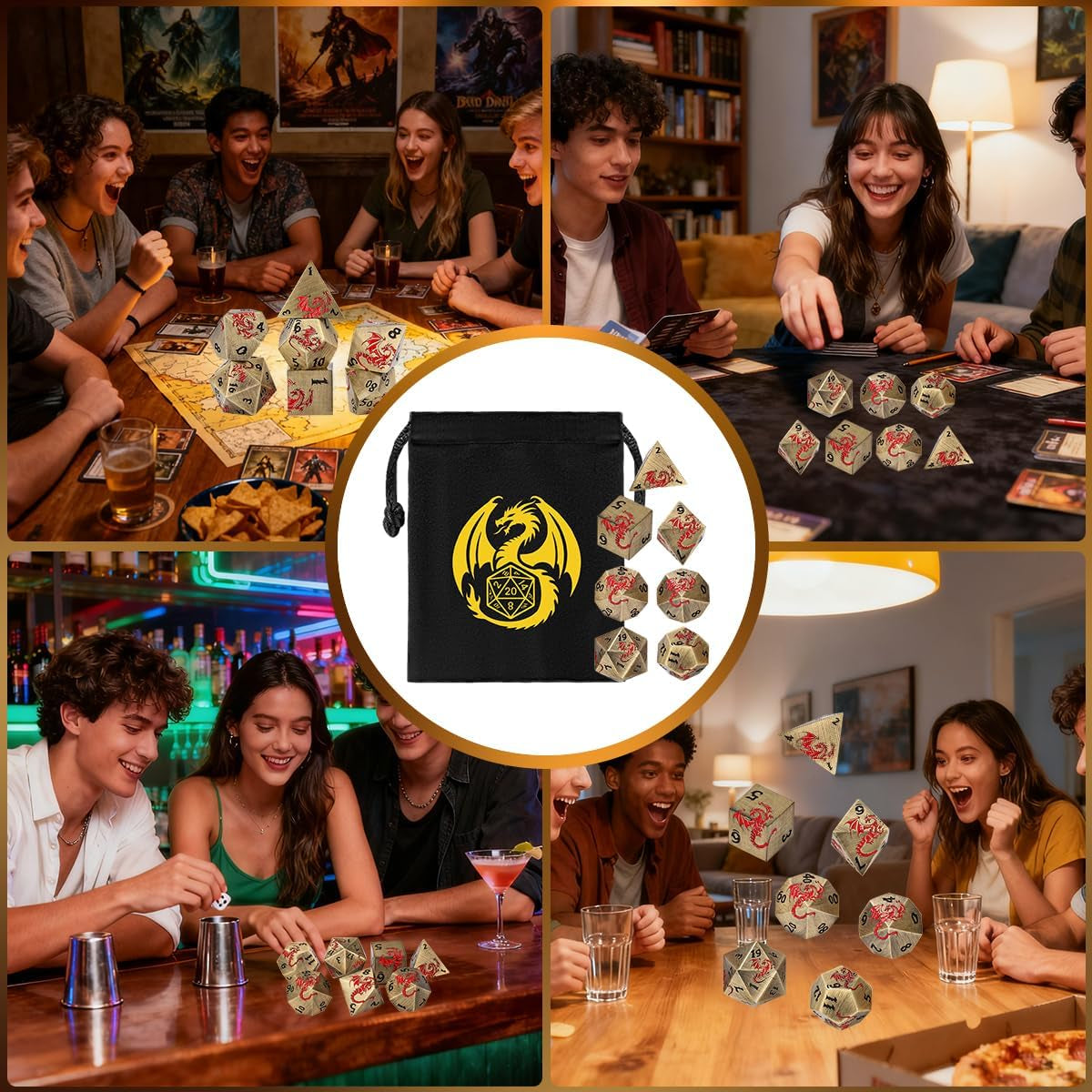 Vintage Bronze D&D Dice Set: 7-Piece Metal Polyhedral Collection with Dragon Bag - Perfect Gift for Gamers and RPG Enthusiasts!