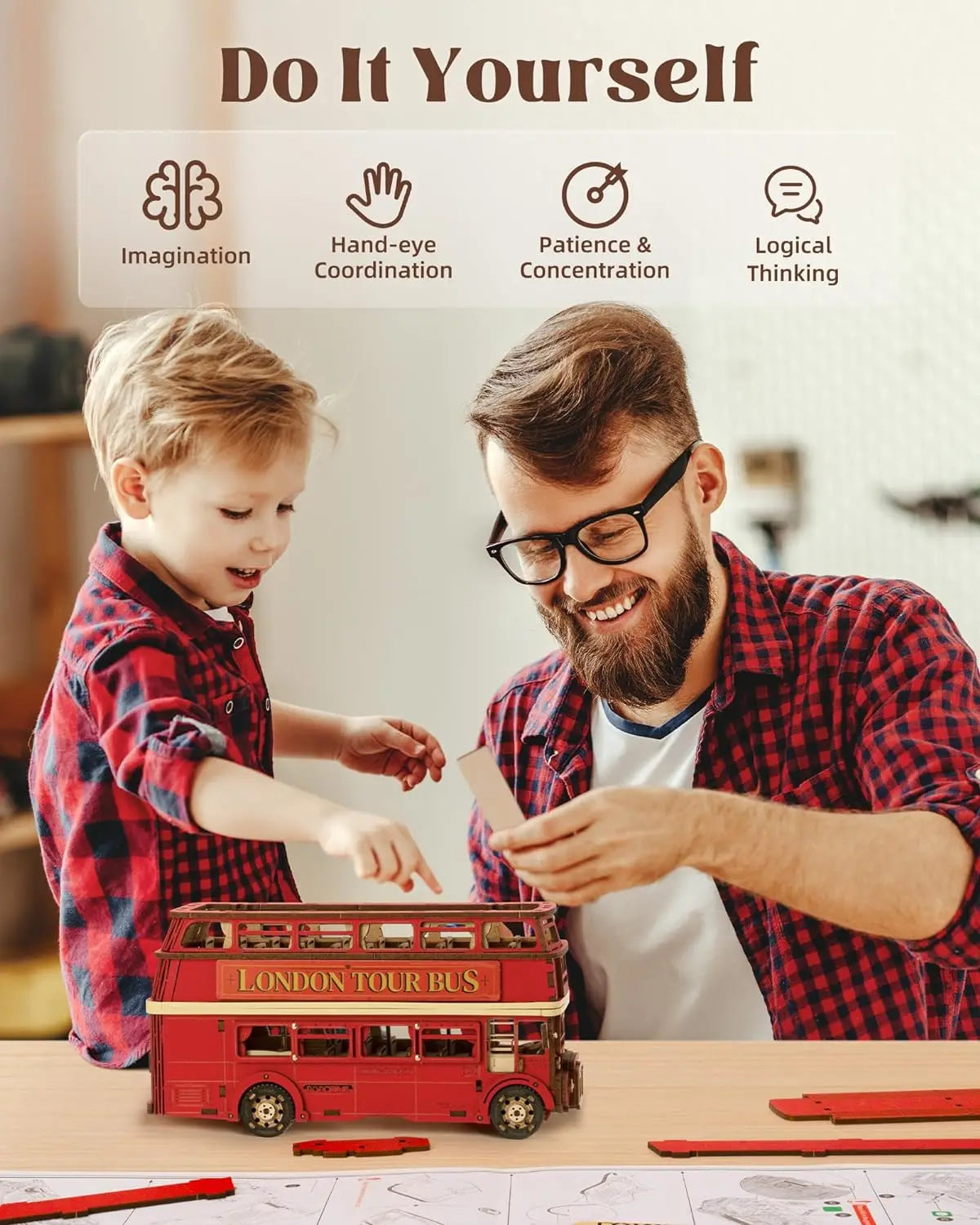 Experience London with the Rolife 3D Wooden Puzzle Double Decker Bus - A Unique Craft for Teens and Adults!