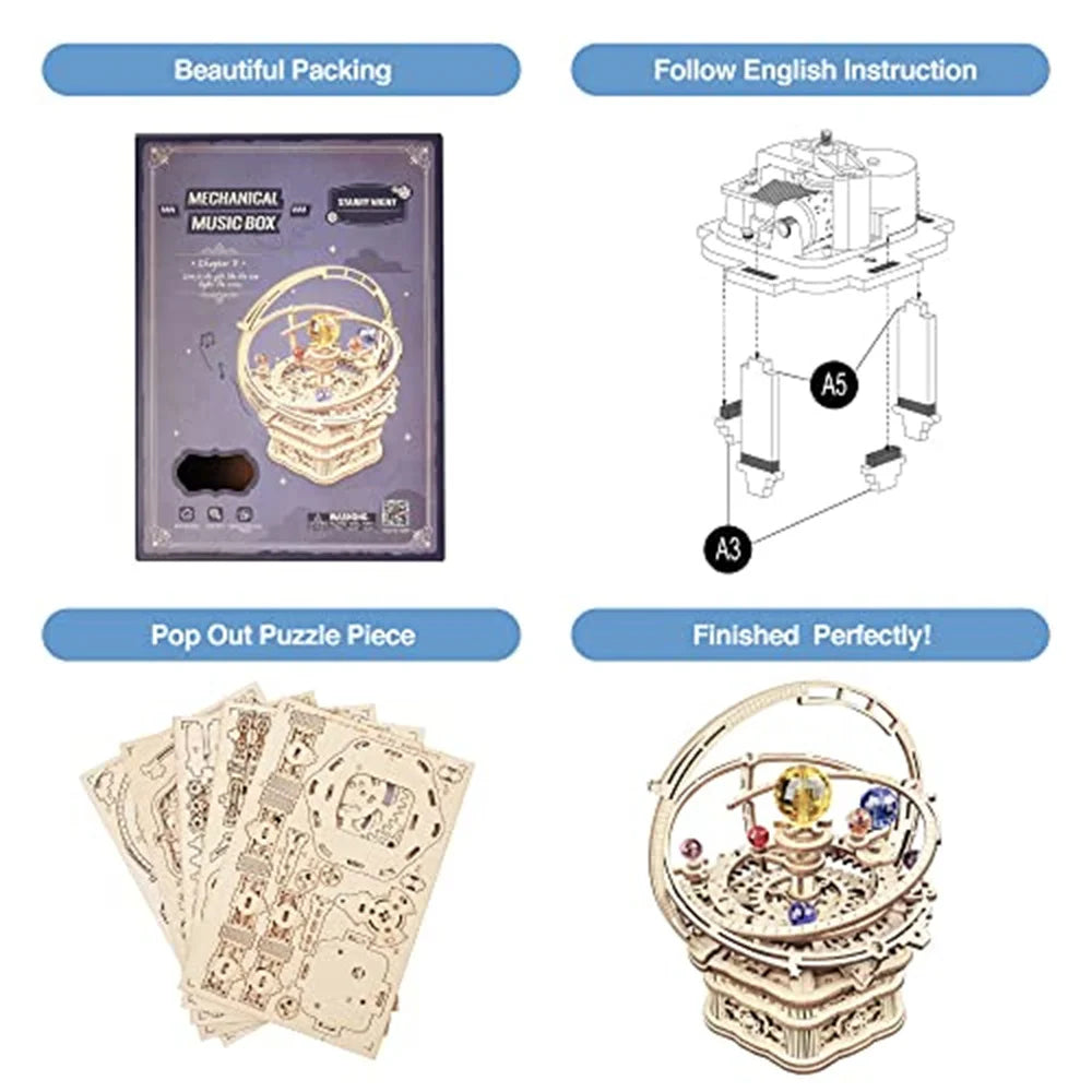Create Your Own Magical Rotating Starry Night Music Box: 3D Wooden Puzzle Assembly Kit for Ages 14 and Up