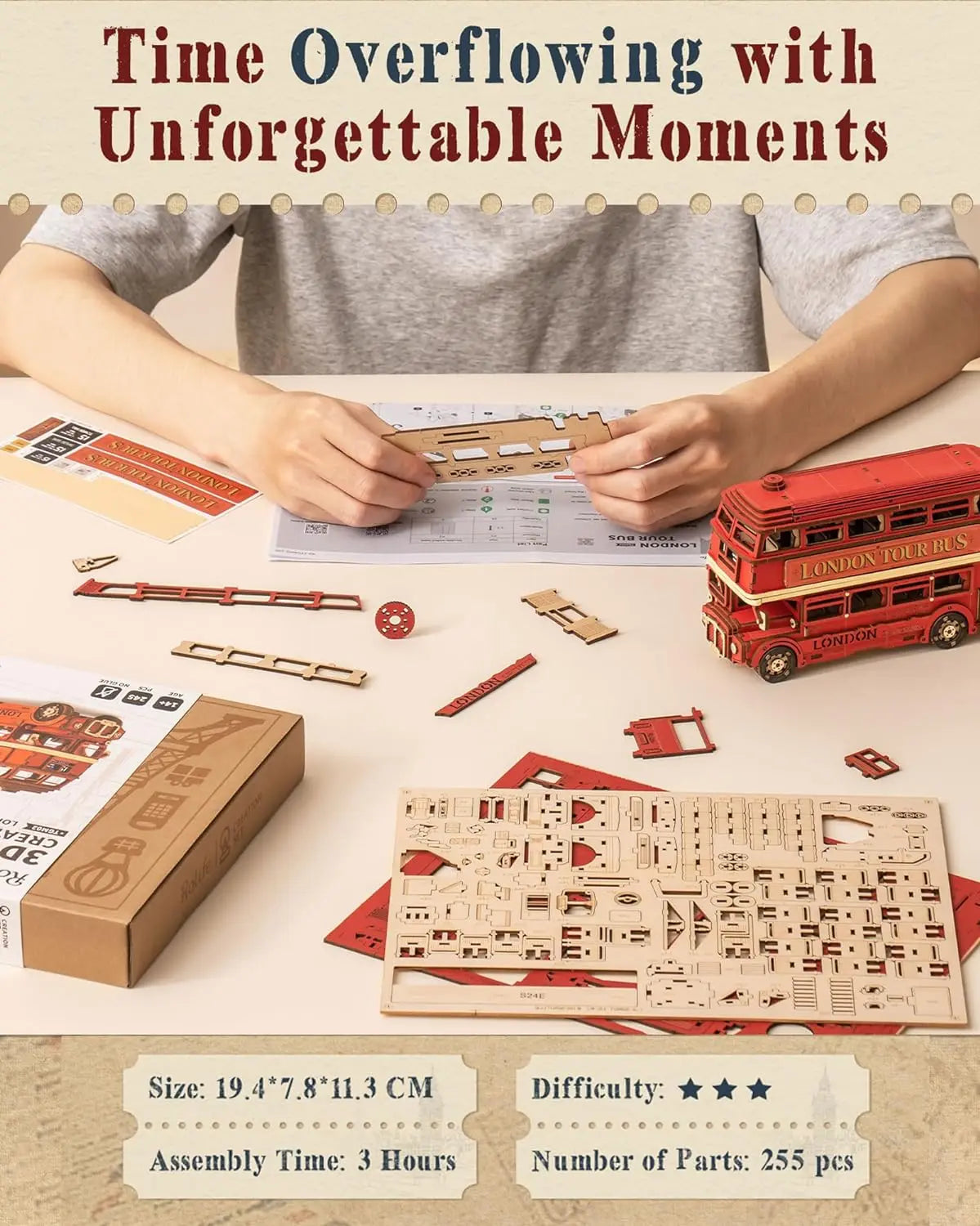 Experience London with the Rolife 3D Wooden Puzzle Double Decker Bus - A Unique Craft for Teens and Adults!