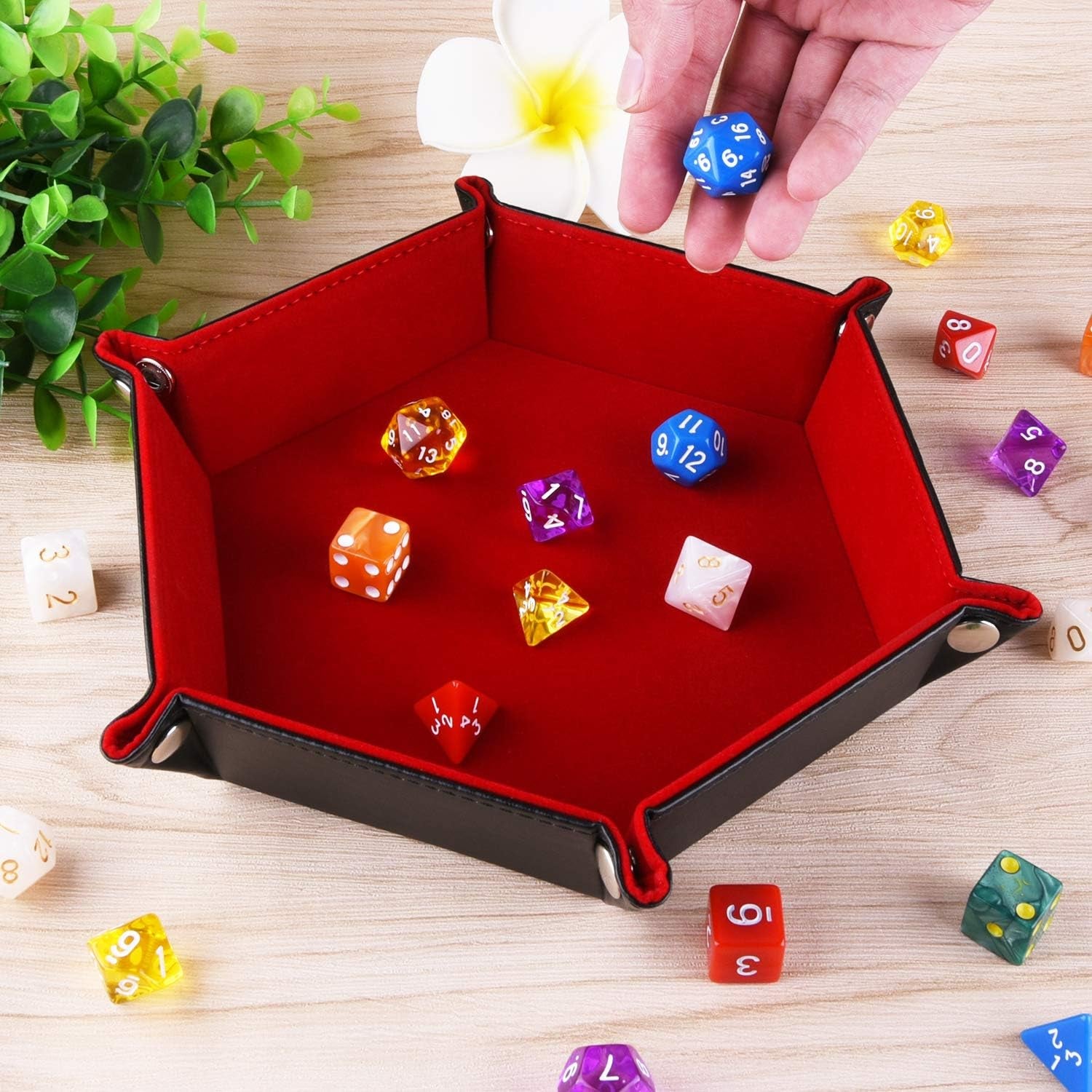 Elegant Double-Sided Hexagonal Dice Tray - Premium PU Leather & Burgundy Velvet for D&D and RPG Table Games