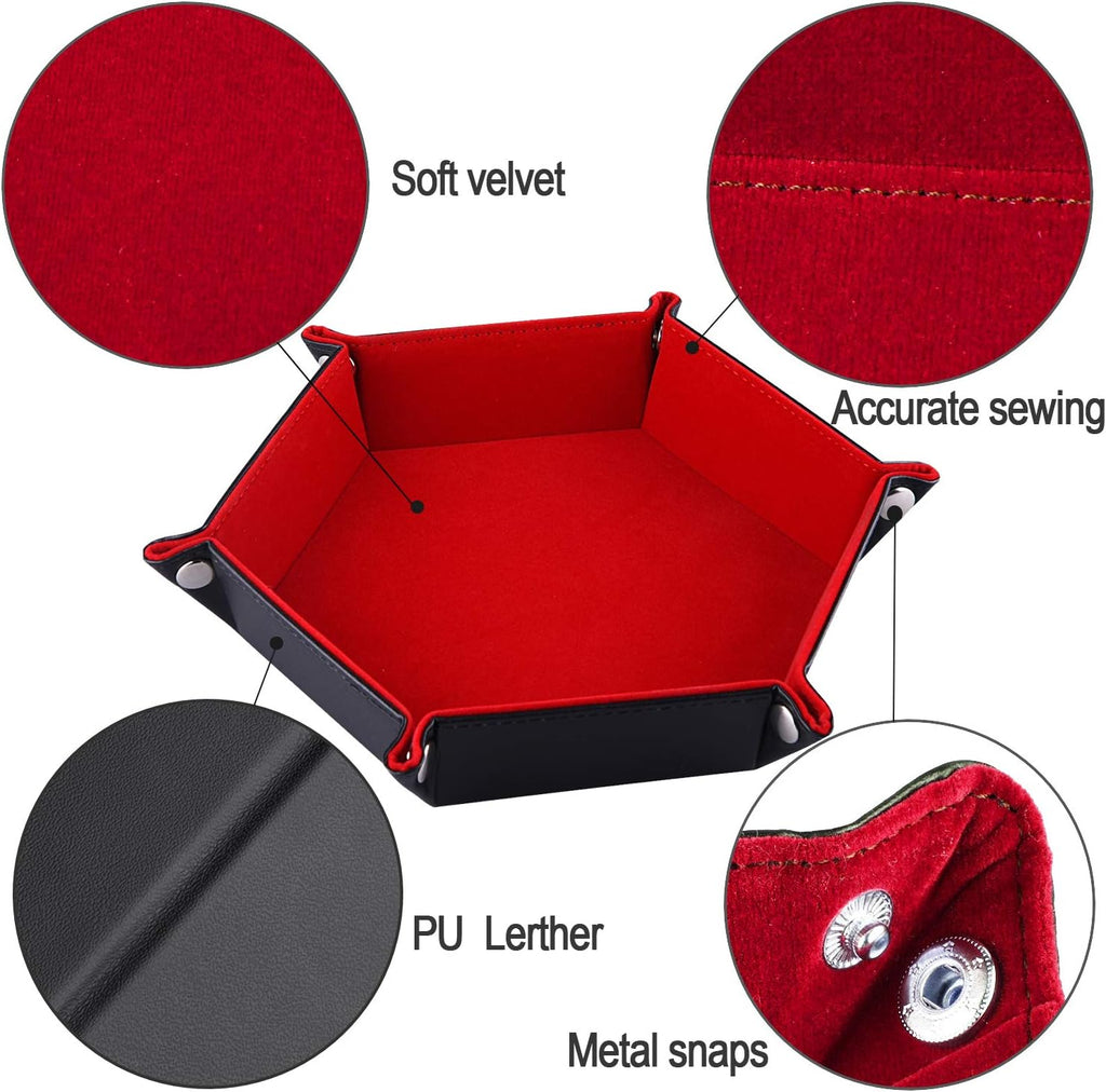 Elegant Double-Sided Hexagonal Dice Tray - Premium PU Leather & Burgundy Velvet for D&D and RPG Table Games