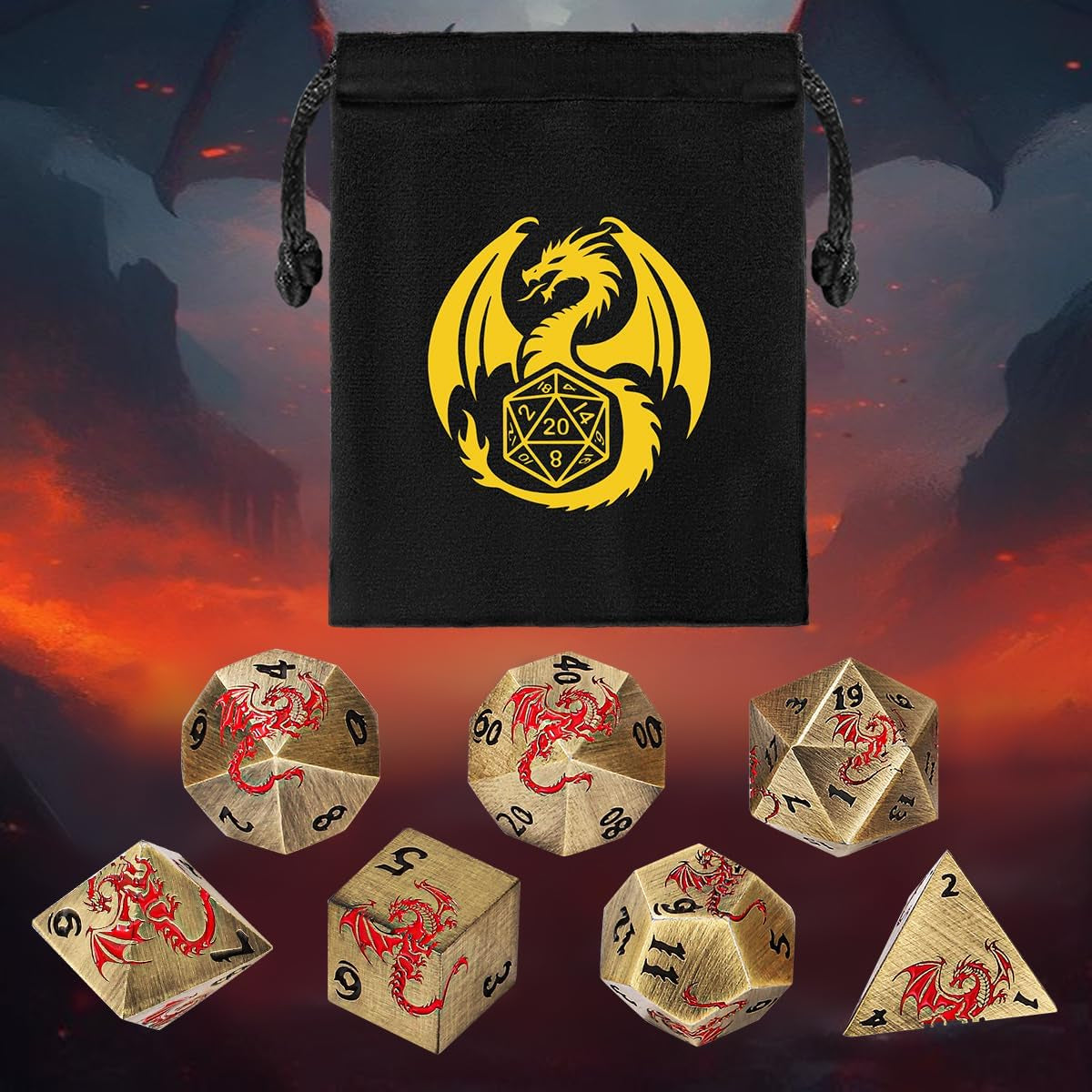 Vintage Bronze D&D Dice Set: 7-Piece Metal Polyhedral Collection with Dragon Bag - Perfect Gift for Gamers and RPG Enthusiasts!