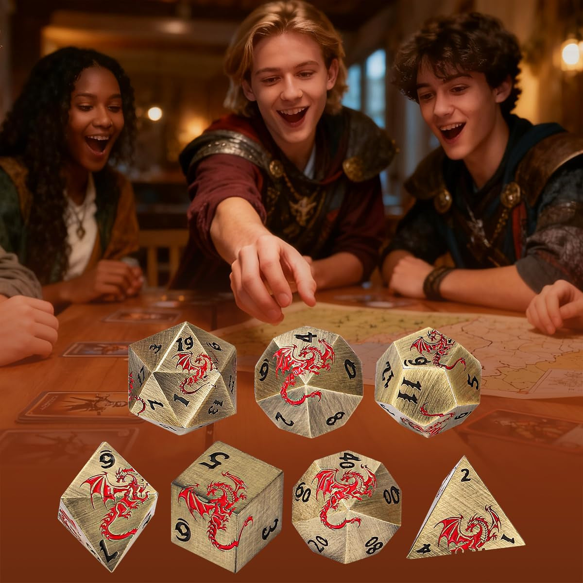 Vintage Bronze D&D Dice Set: 7-Piece Metal Polyhedral Collection with Dragon Bag - Perfect Gift for Gamers and RPG Enthusiasts!