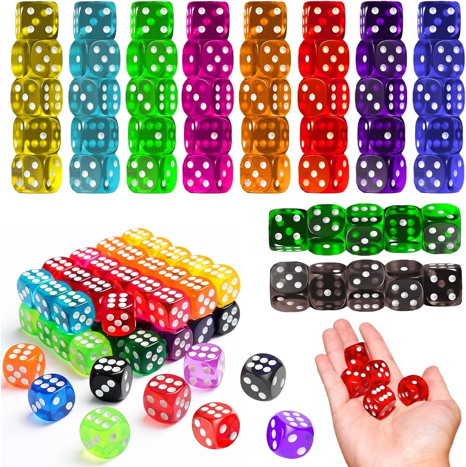 Vibrant 50PCS Classic 6-Sided Gaming Dice Set - 10 Translucent Colors for Board Games, Math, and DIY Crafts!